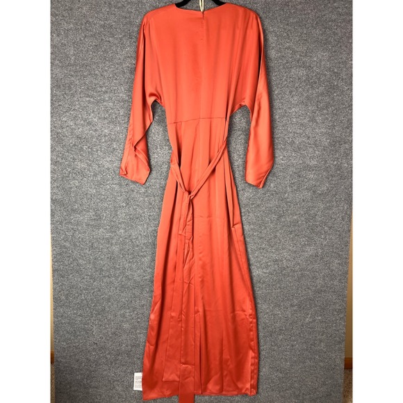 NEW ASOS Coral Orange Satin Maxi Dress Long Sleeve Tie Waist Elegant Formal‎ 10 - Picture 3 of 12